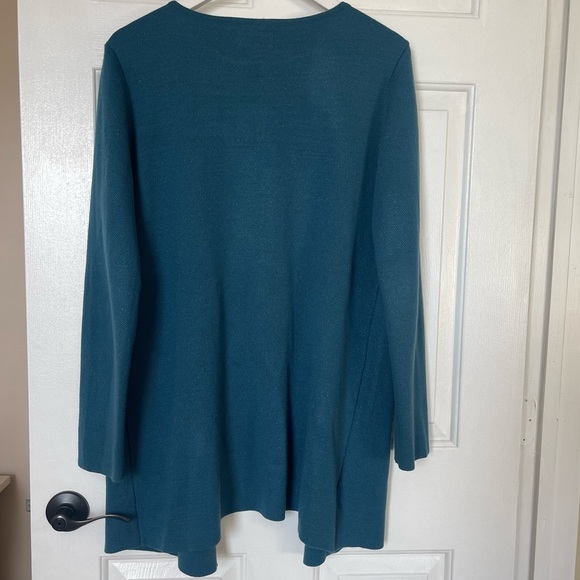 Elle collarless open cardigan mid-length front pockets metallic jewel tone green - Picture 3 of 7